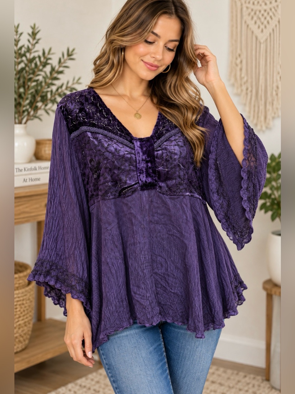 Silver Impressions NWT Purple Boho Velvet Beaded Embroidered Flowy blouse